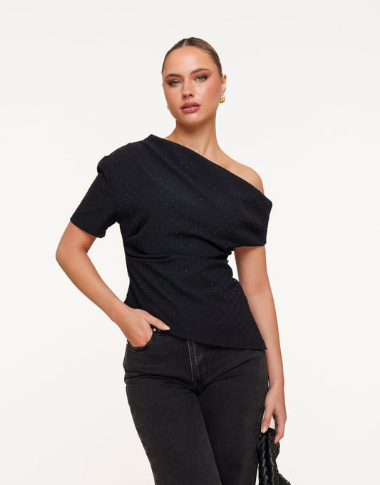 Zwarte Gedrapeerde Off Shoulder Zwarte Stenen SS - Top - Olivia & Kate