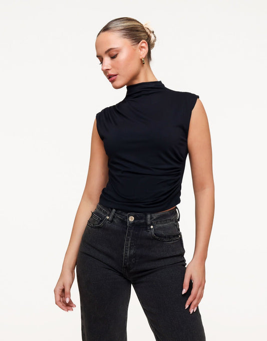 Zwarte Geplooide Col SS - Top - Olivia & Kate