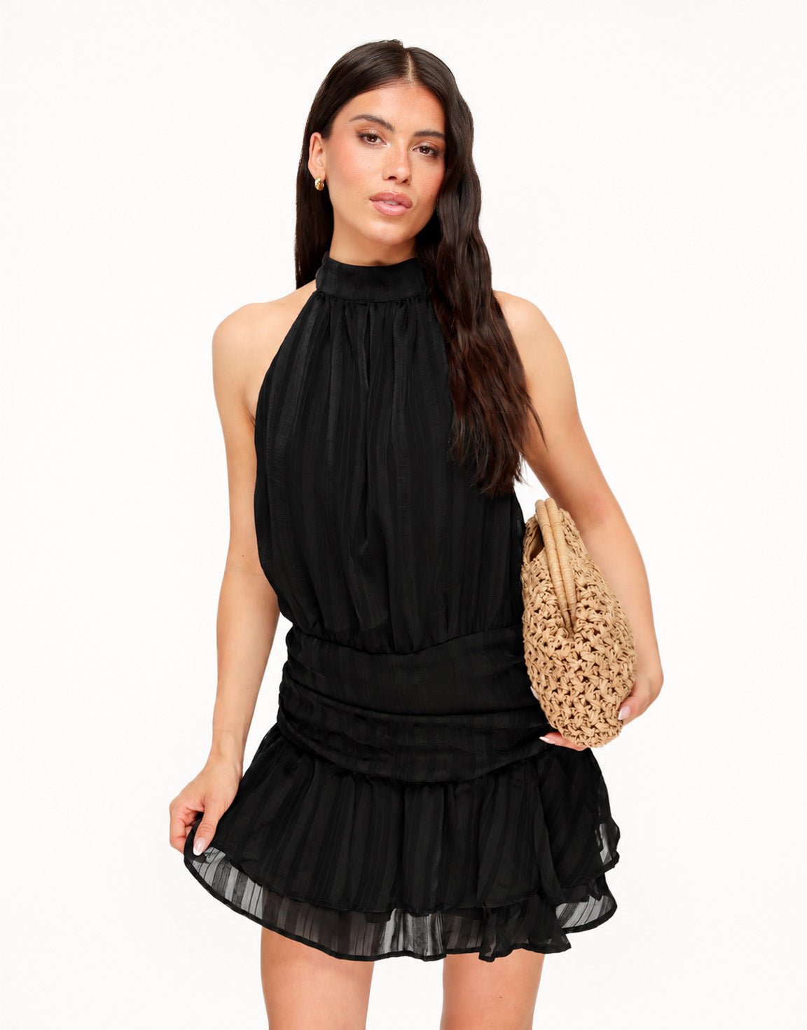 Zwarte Gestreepte Halter Ruffel - Jurk - Olivia & Kate