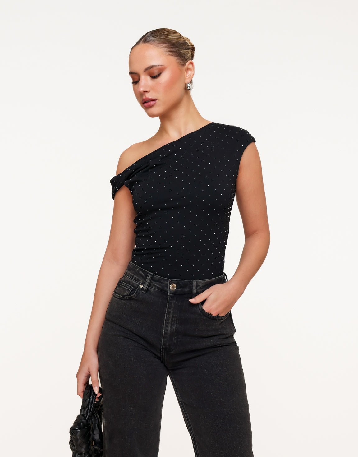 Zwarte Glitter One Shoulder - Top - Olivia & Kate