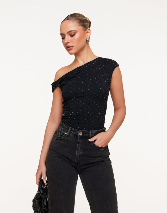 Zwarte Glitter One Shoulder - Top - Olivia & Kate