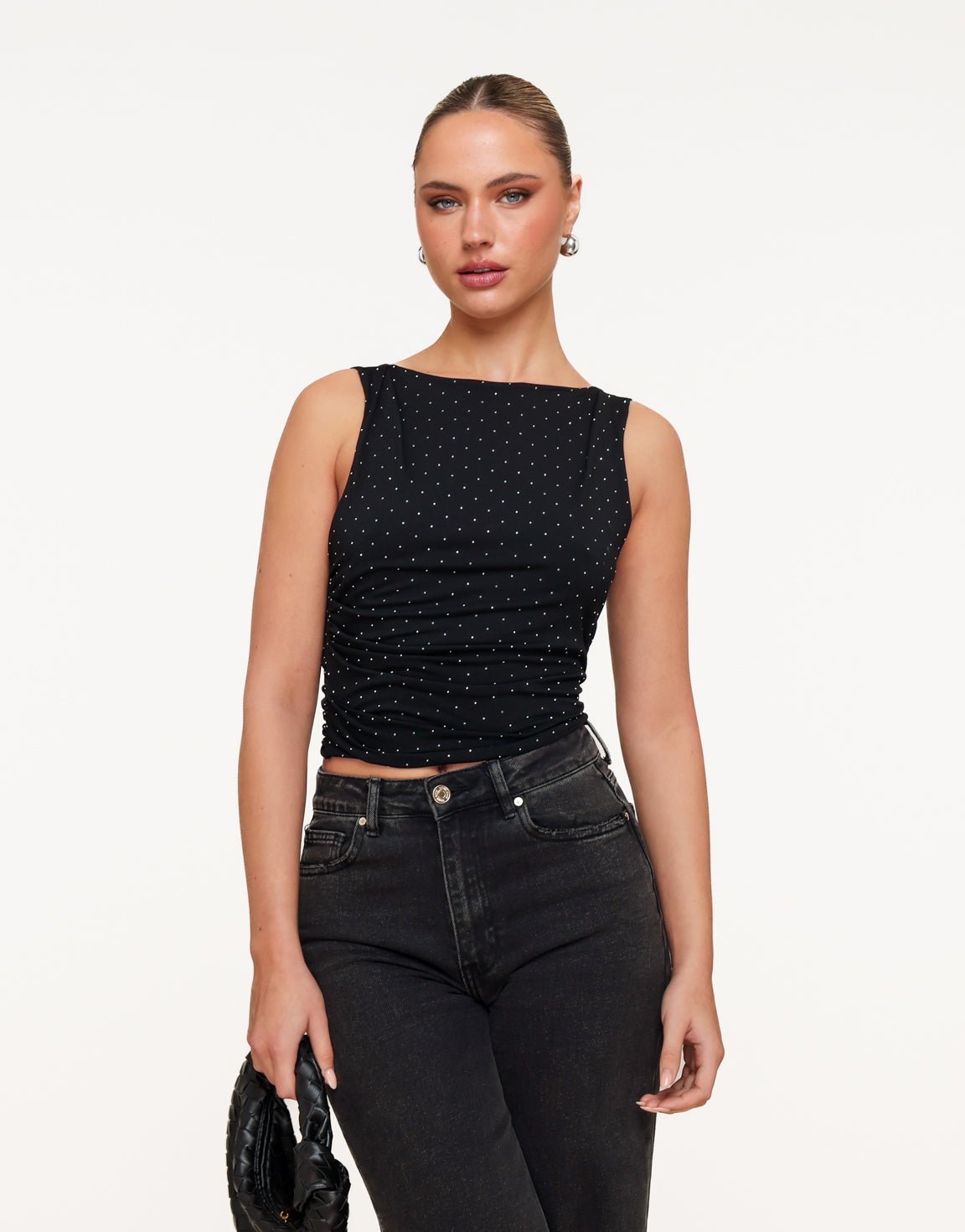 Zwarte Glitter Stenen Open Rug - Top - Olivia & Kate