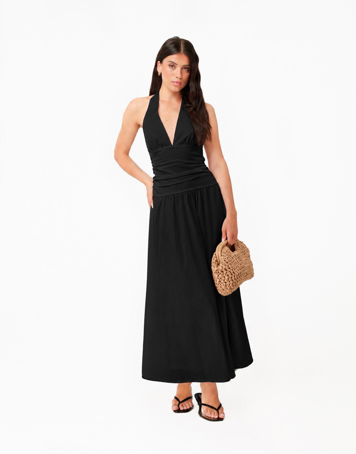 Zwarte Halter V-hals Maxi - Jurk - Olivia & Kate