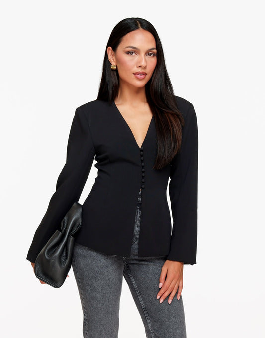 Zwarte Knoop Details V-Hals - Blazer - Olivia & Kate
