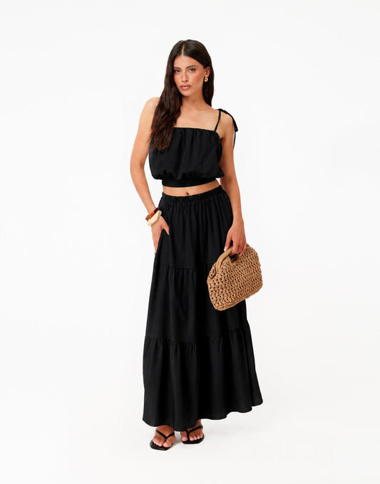 Zwarte Linnen Mouwloze Cropped Wijde Maxi - Set - Olivia & Kate