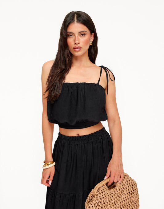 Zwarte Linnen Mouwloze Cropped Wijde Maxi - Set - Olivia & Kate