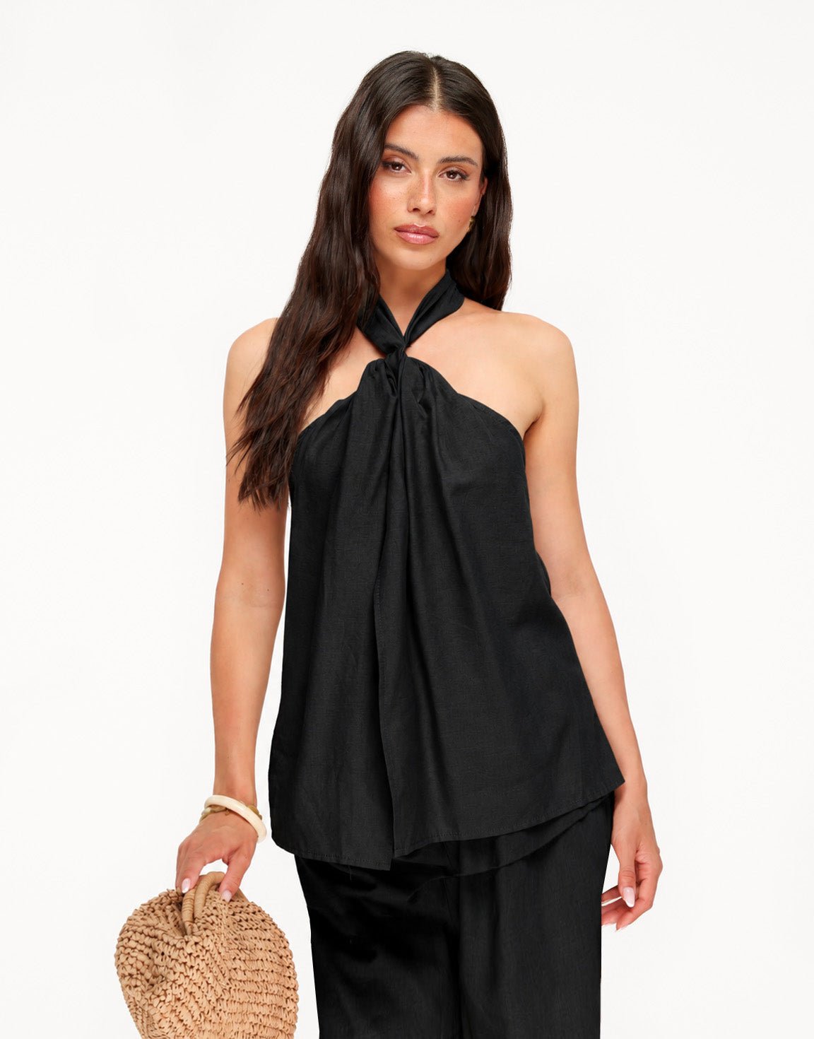 Zwarte Mouwloze Linnen Halter - Top - Olivia & Kate
