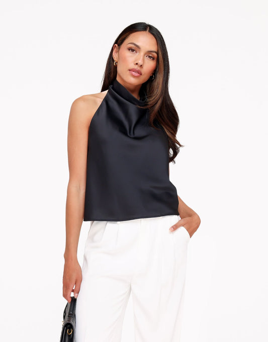 Zwarte Mouwloze Satijnen Hals - Top - Olivia & Kate