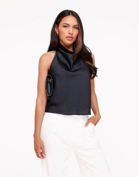 Zwarte Mouwloze Satijnen Hals - Top - Olivia & Kate