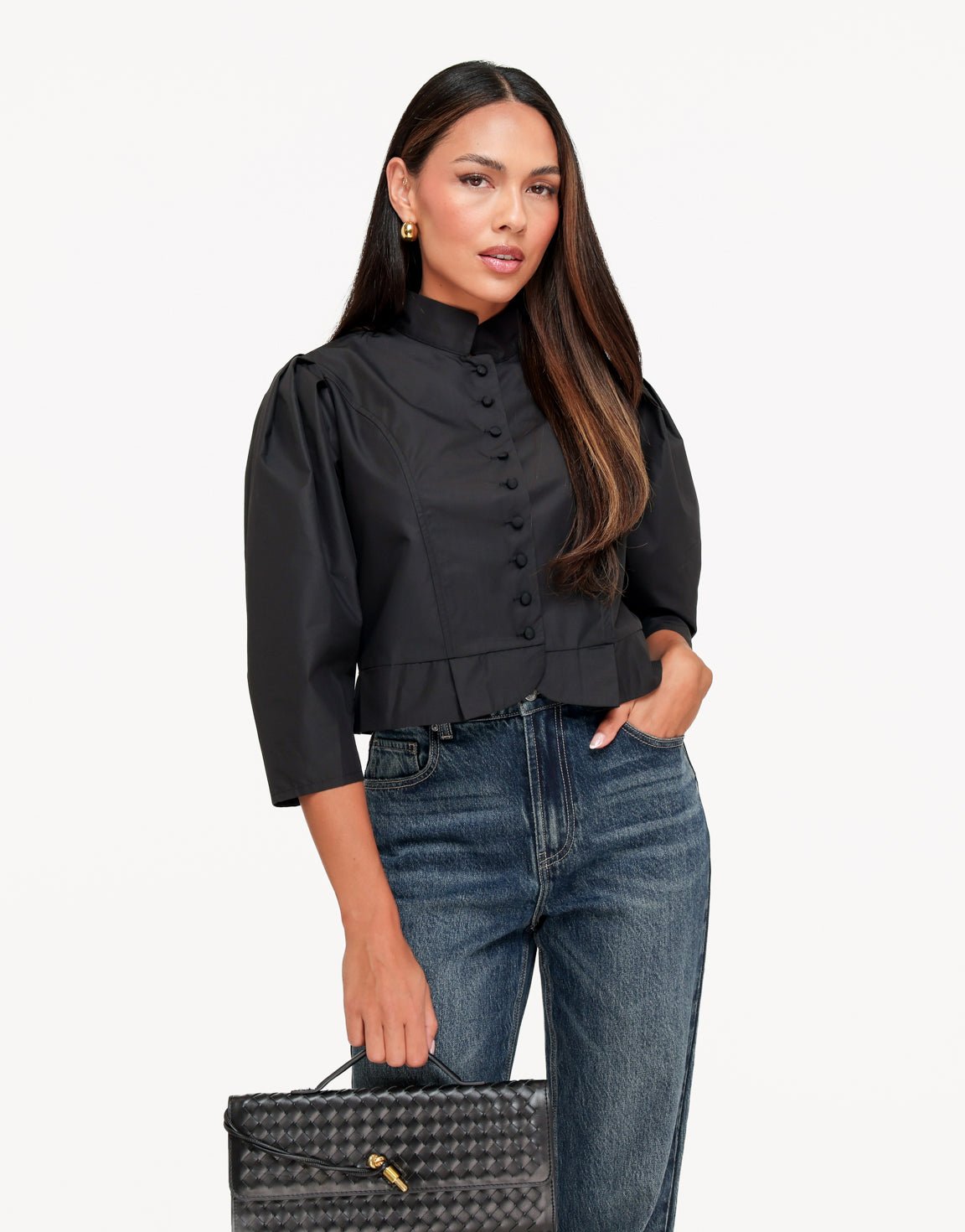 Zwarte Pofmouwen Knoopjes LS - Blouse - Olivia & Kate