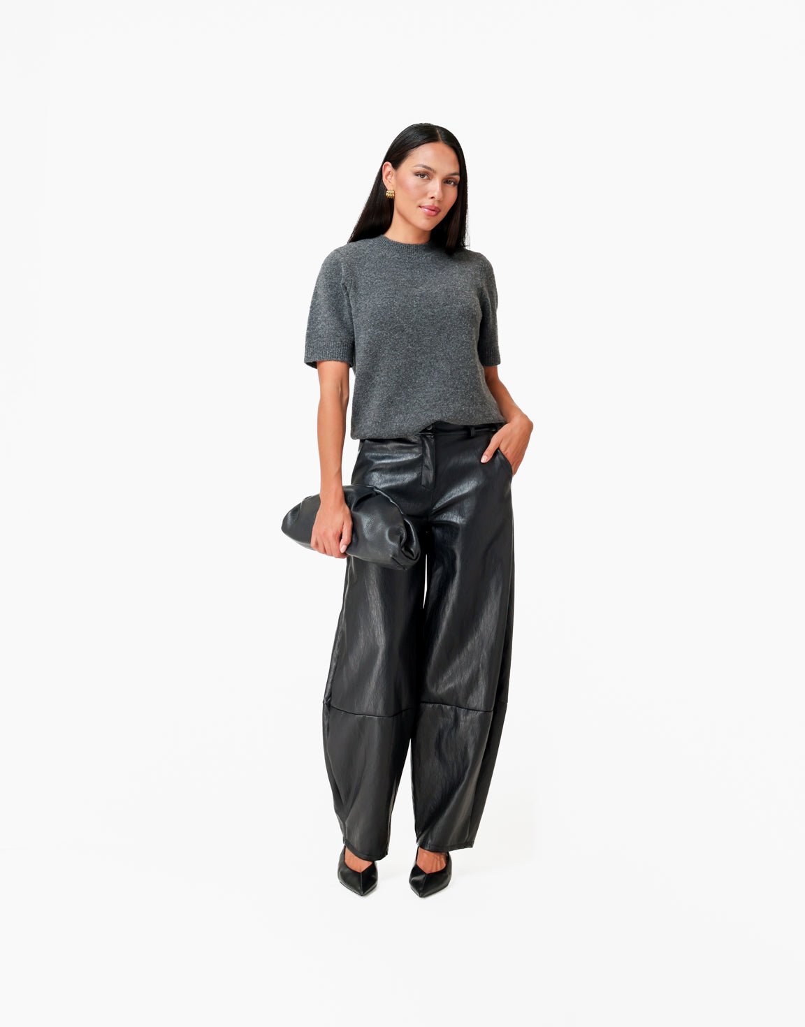 Zwarte PU Ballon Detail - Broek - Olivia & Kate