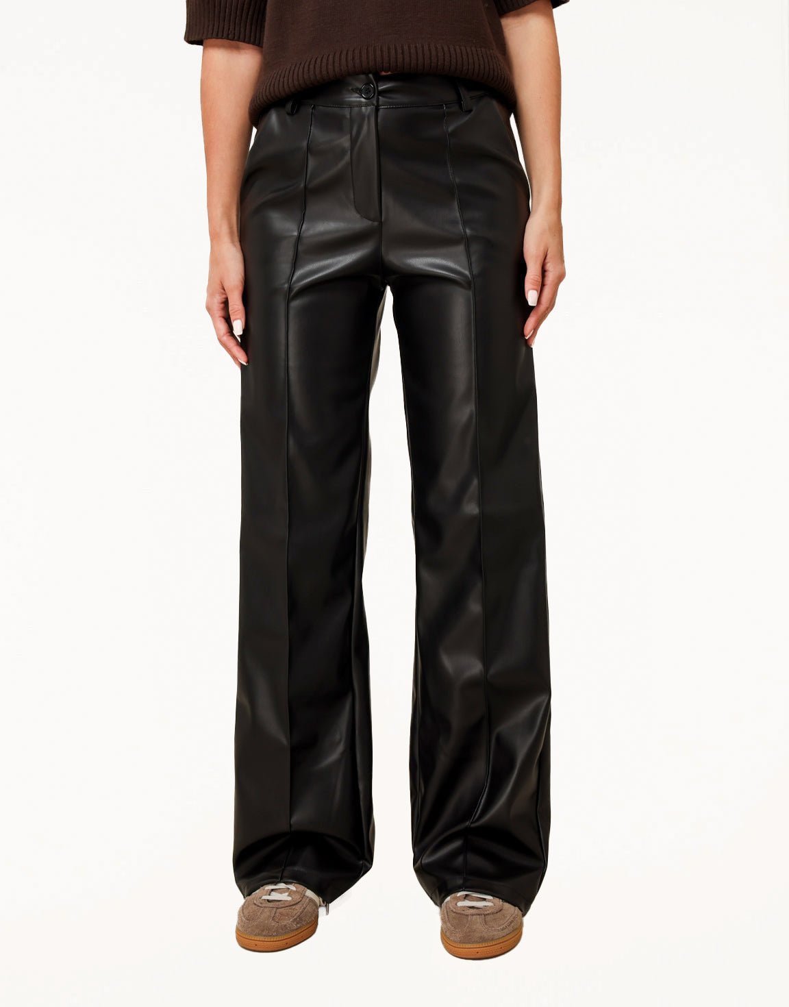 Zwarte PU Leren Wijde Naden - Broek - Olivia & Kate