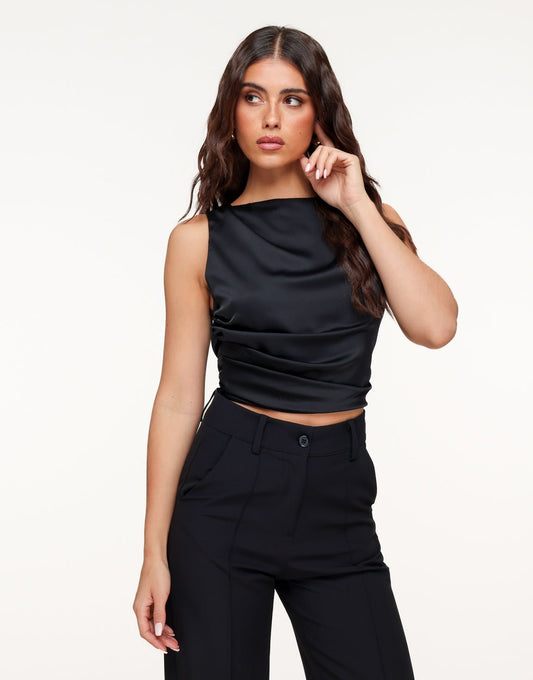 Zwarte Satijnen Open Rug - Top - Olivia & Kate