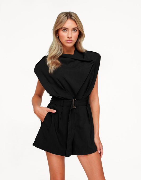 Zwarte Schouderpads Ceintuur - Playsuit - Olivia & Kate