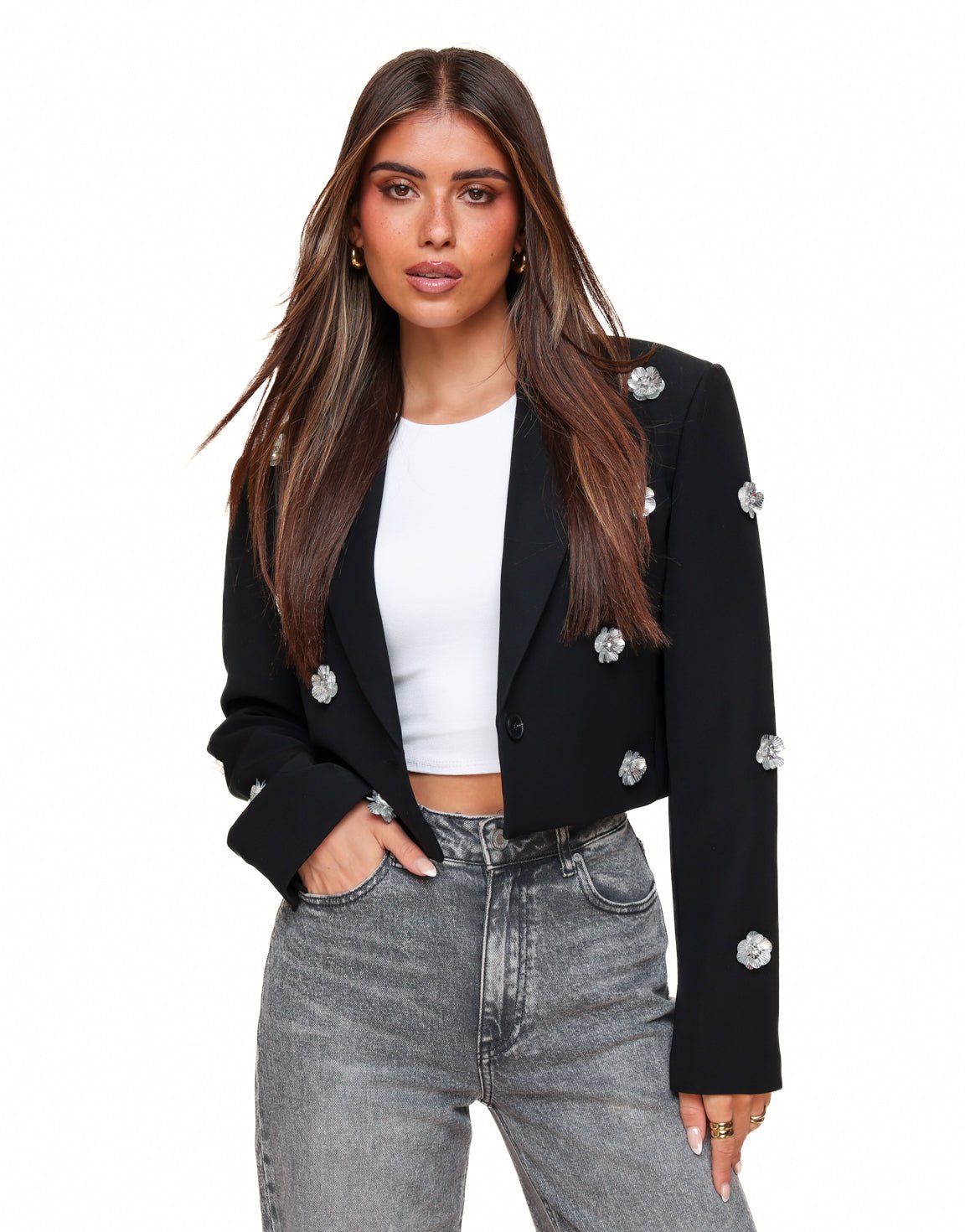 Zwarte Statement Bloemen Cropped - Blazer - Olivia & Kate
