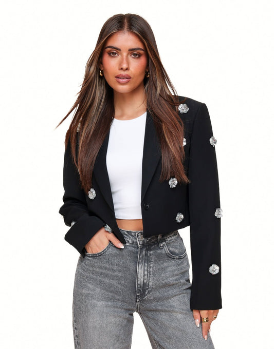 Zwarte Statement Bloemen Cropped - Blazer - Olivia & Kate