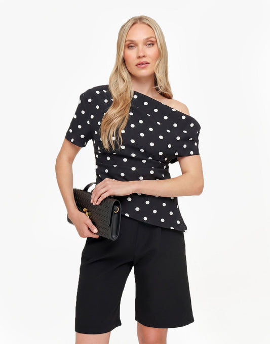 Zwarte Stippen Gedrapeerde Off Shoulder - Top - Olivia & Kate