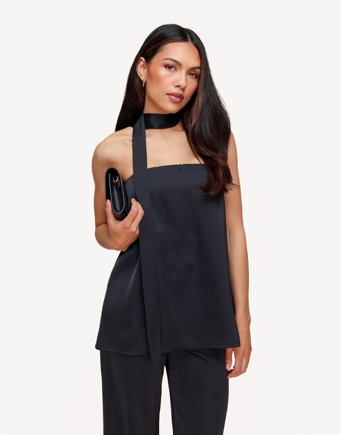 Zwarte Strapless Satijnen Sjaal Detail - Top - Olivia & Kate